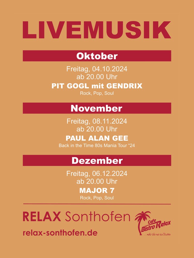 Veranstaltungen, Livemusik 4. Quartal 2024 im Bistro Relax Sonthofen